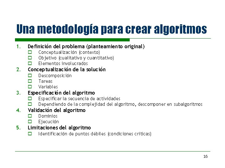 Una metodología para crear algoritmos 1. Definición del problema (planteamiento original) o o o