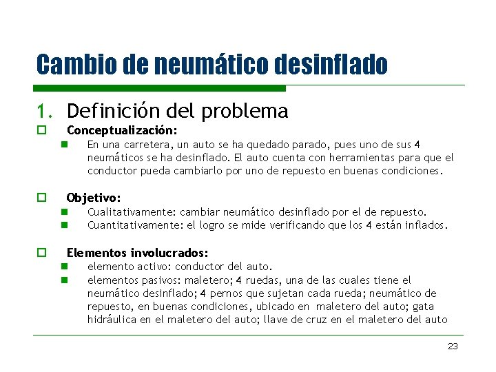 Cambio de neumático desinflado 1. Definición del problema o Conceptualización: n o Objetivo: n