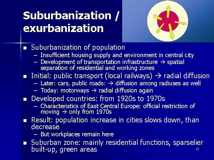 Suburbanization / exurbanization n Suburbanization of population n Initial: public transport (local railways) radial