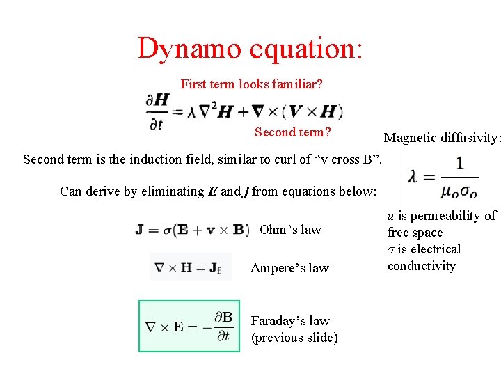 Dynamo equation: First term looks familiar? Second term? Magnetic diffusivity: Second term is the