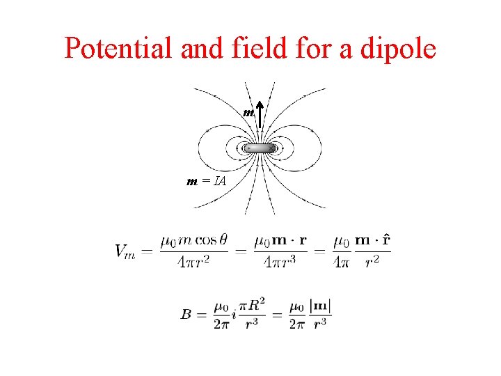 Potential and field for a dipole m m = IA 