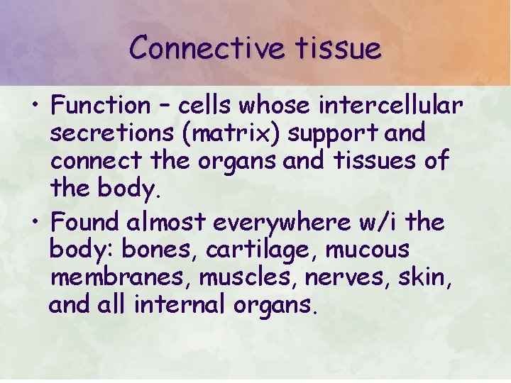 Connective tissue • Function – cells whose intercellular secretions (matrix) support and connect the
