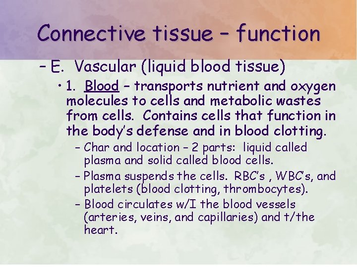 Connective tissue – function – E. Vascular (liquid blood tissue) • 1. Blood –