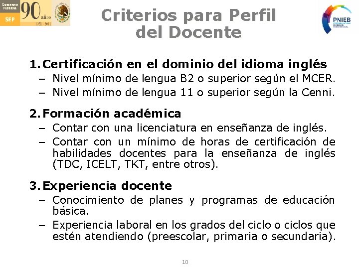 Criterios para Perfil del Docente 1. Certificación en el dominio del idioma inglés –