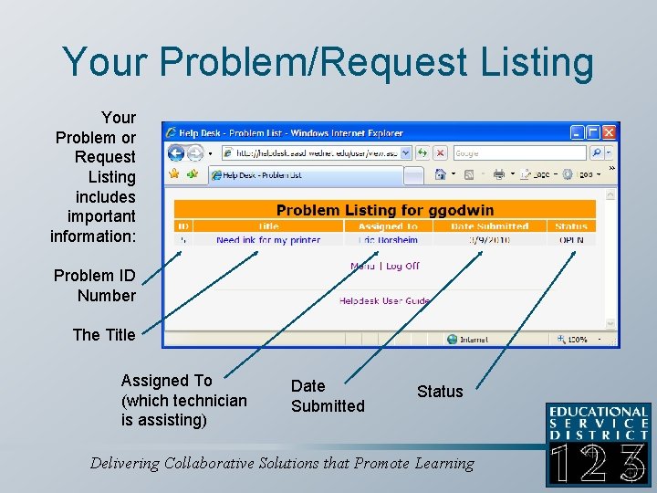 Your Problem/Request Listing Your Problem or Request Listing includes important information: Problem ID Number