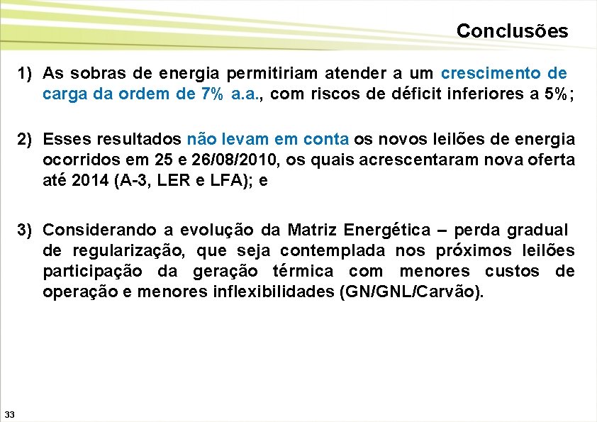 Conclusões 1) As sobras de energia permitiriam atender a um crescimento de carga da