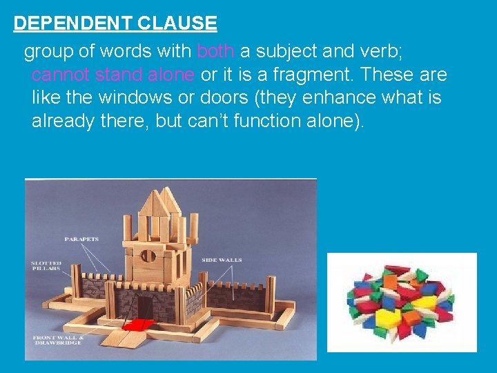 DEPENDENT CLAUSE group of words with both a subject and verb; cannot stand alone