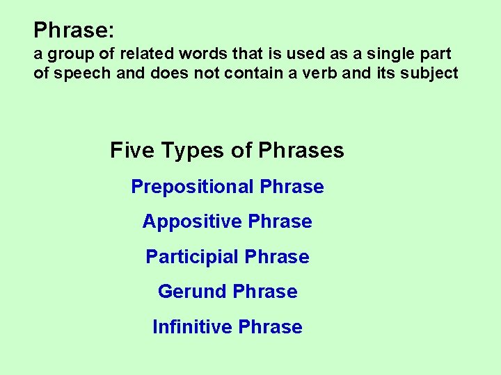 Phrase: a group of related words that is used as a single part of