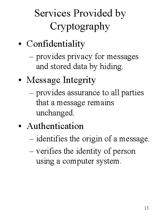 Services Provided by Cryptography • Confidentiality – provides privacy for messages and stored data