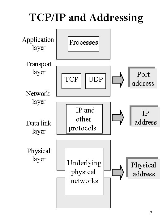 TCP/IP and Addressing Application layer Transport layer Processes TCP UDP Port address Network layer
