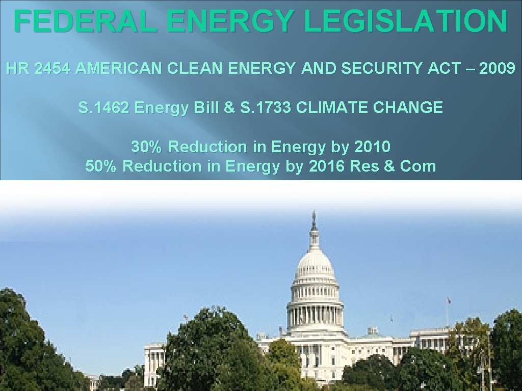 FEDERAL ENERGY LEGISLATION HR 2454 AMERICAN CLEAN ENERGY AND SECURITY ACT – 2009 S.
