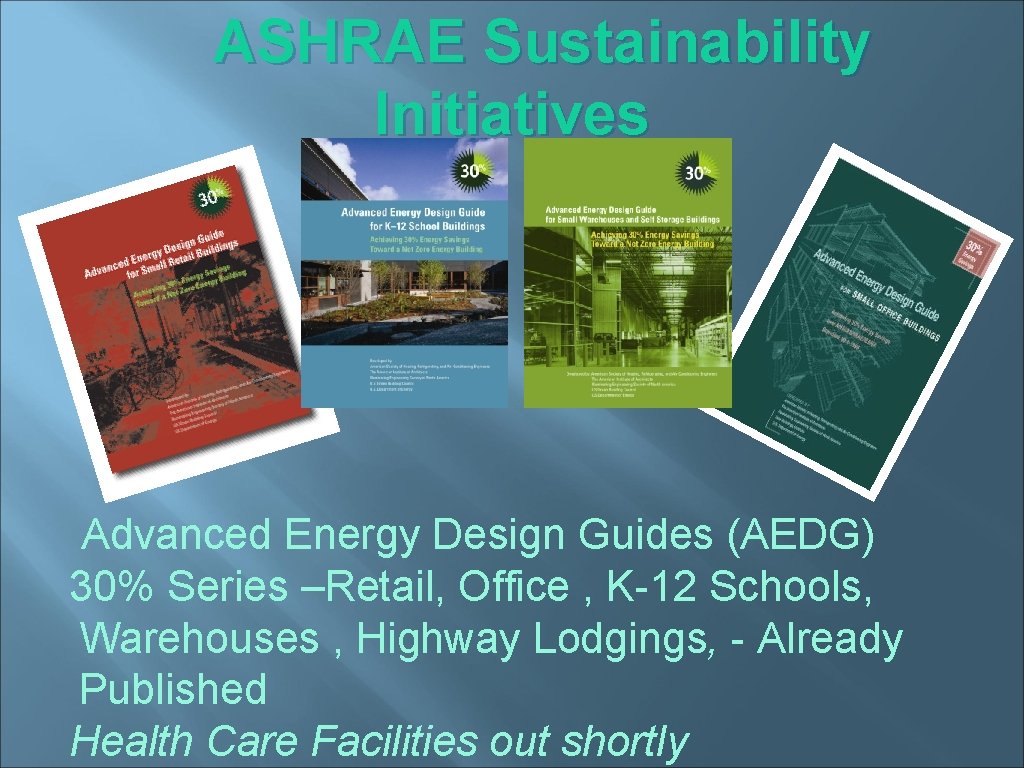 ASHRAE Sustainability Initiatives b Advanced Energy Design Guides (AEDG) 30% Series –Retail, Office ,