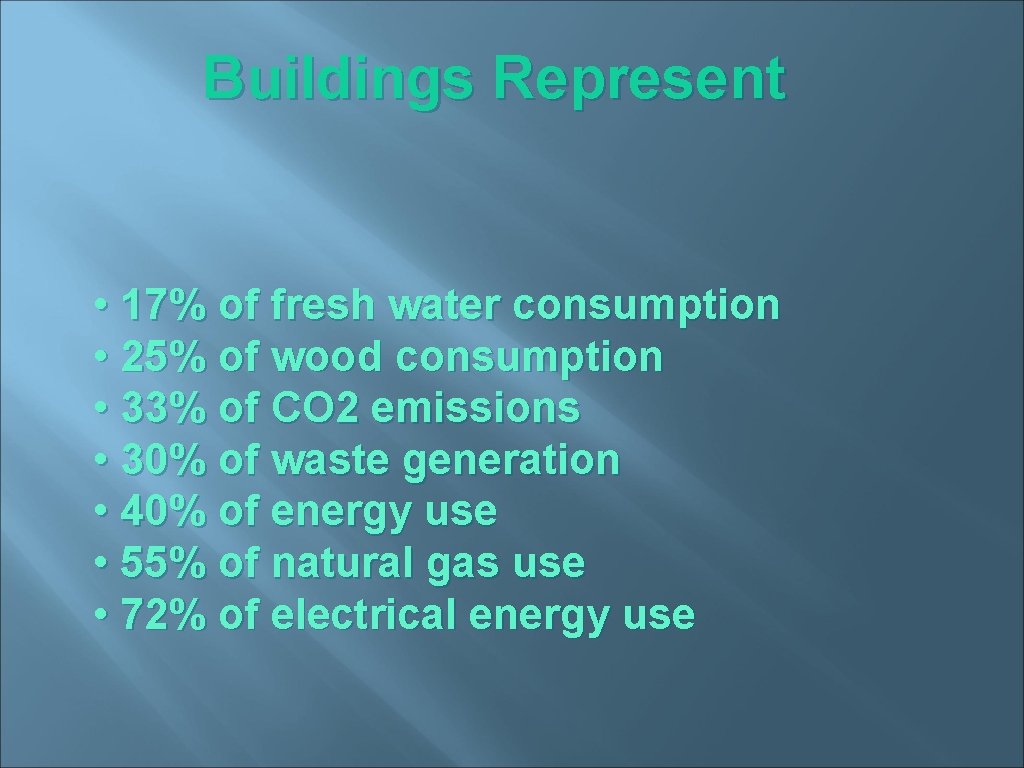 Buildings Represent • 17% of fresh water consumption • 25% of wood consumption •