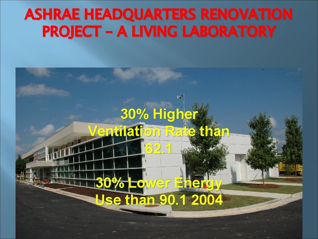 ASHRAE HEADQUARTERS RENOVATION PROJECT – A LIVING LABORATORY 30% Higher Ventilation Rate than 62.