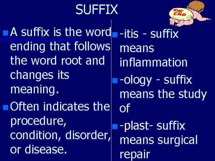 SUFFIX n. A suffix is the wordn -itis - suffix ending that follows means