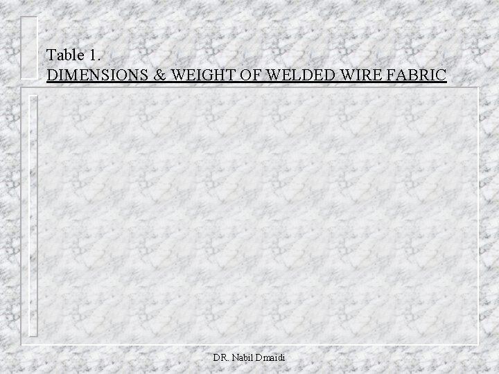 Table 1. DIMENSIONS & WEIGHT OF WELDED WIRE FABRIC DR. Nabil Dmaidi 