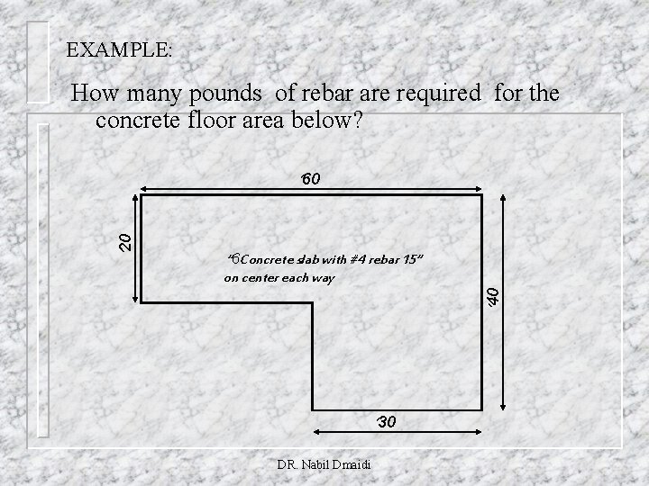 EXAMPLE: How many pounds of rebar are required for the concrete floor area below?