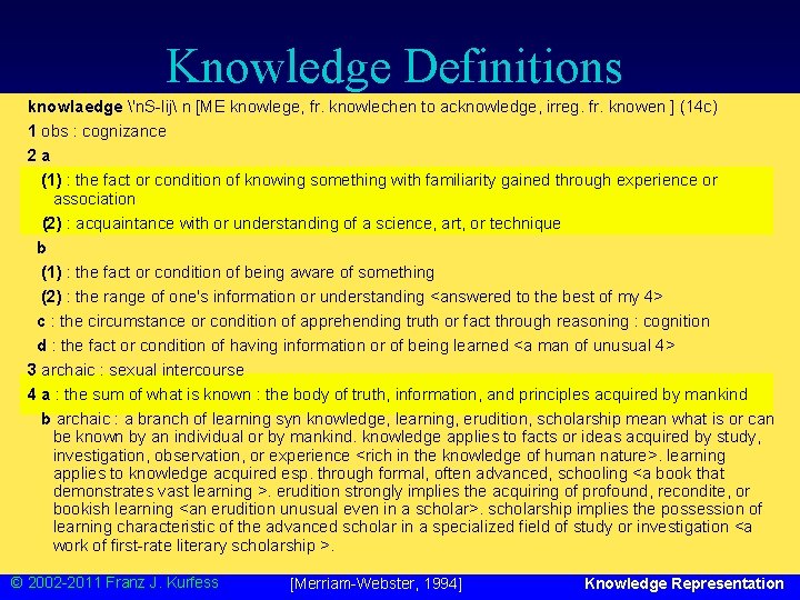 Knowledge Definitions knowlaedge 'n. S-lij n [ME knowlege, fr. knowlechen to acknowledge, irreg. fr.