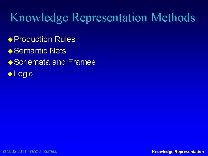 Knowledge Representation Methods u Production Rules u Semantic Nets u Schemata and Frames u