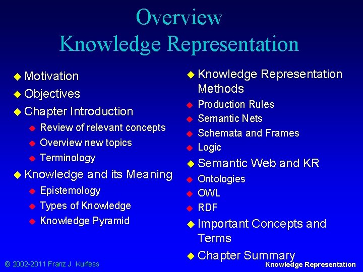 Overview Knowledge Representation u Knowledge u Motivation Methods u Objectives u Chapter u u