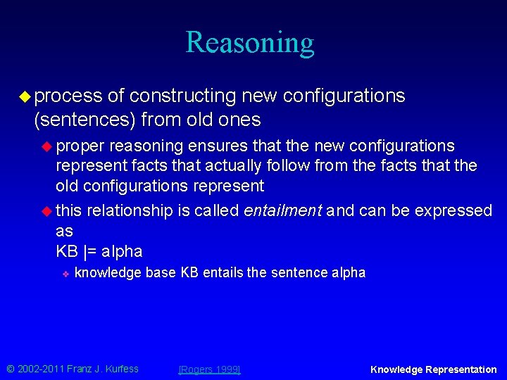 Reasoning u process of constructing new configurations (sentences) from old ones u proper reasoning