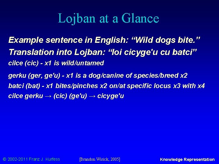 Lojban at a Glance Example sentence in English: “Wild dogs bite. ” Translation into