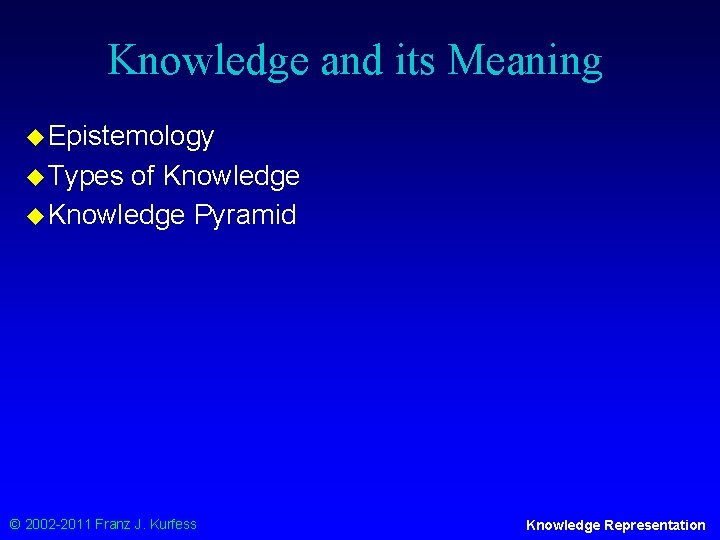 Knowledge and its Meaning u Epistemology u Types of Knowledge u Knowledge Pyramid ©