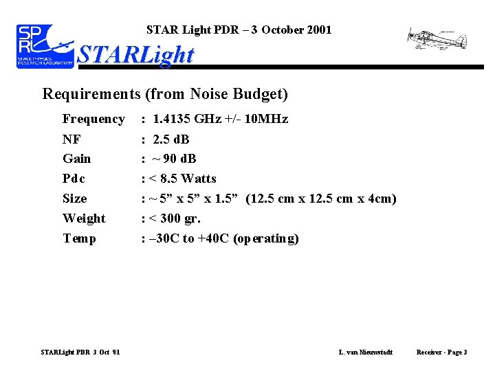 STAR Light PDR – 3 October 2001 STARLight Requirements (from Noise Budget) Frequency NF