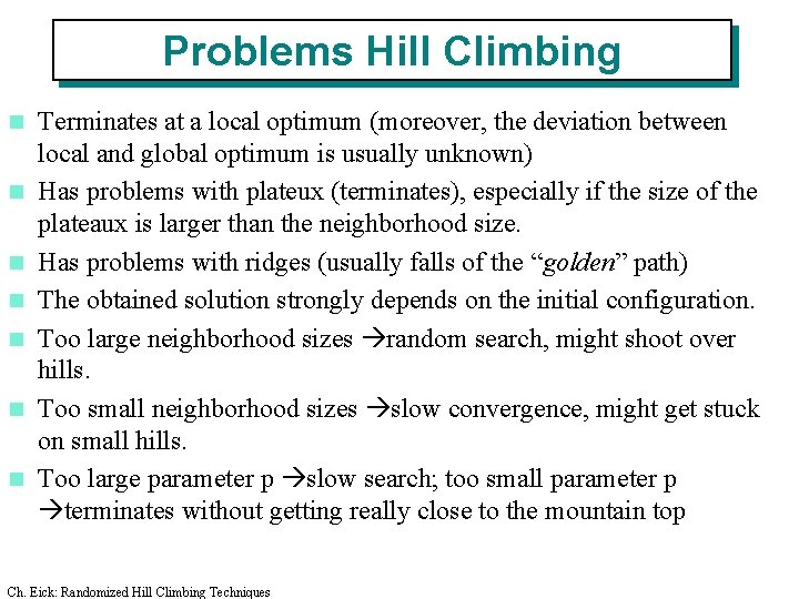 Problems Hill Climbing n n n n Terminates at a local optimum (moreover, the