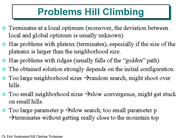 Problems Hill Climbing n n n n Terminates at a local optimum (moreover, the Problems Hill Climbing n n n n Terminates at a local optimum (moreover, the