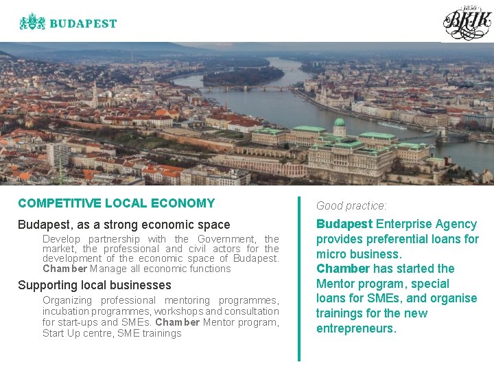 COMPETITIVE LOCAL ECONOMY Good practice: Budapest, as a strong economic space Budapest Enterprise Agency
