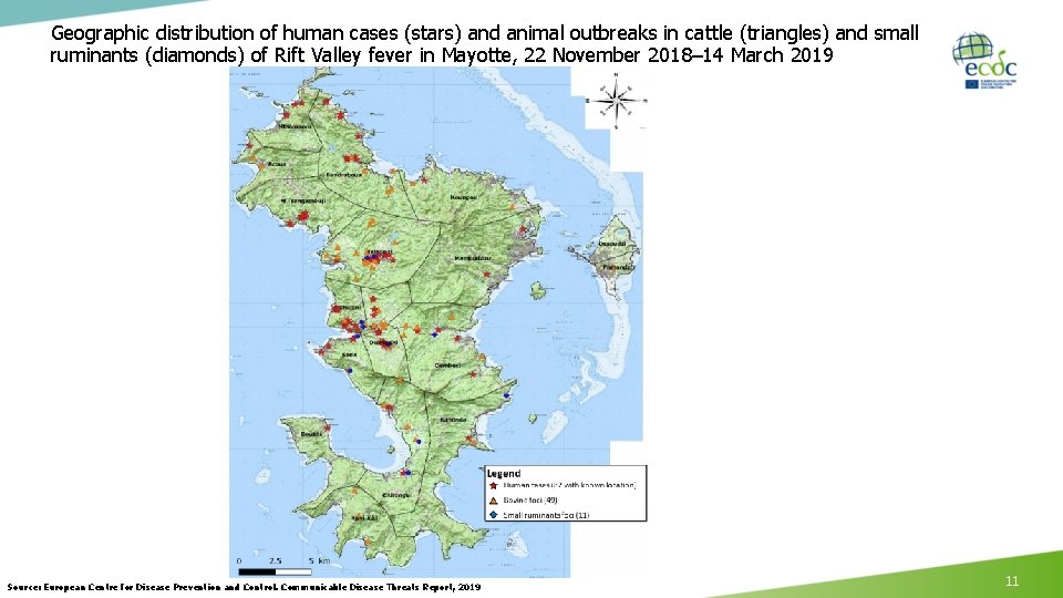 Geographic distribution of human cases (stars) and animal outbreaks in cattle (triangles) and small