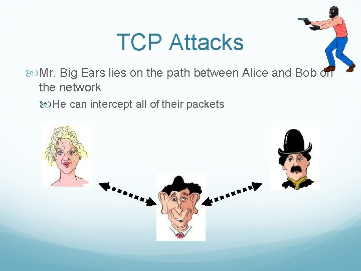 TCP Attacks Mr. Big Ears lies on the path between Alice and Bob on