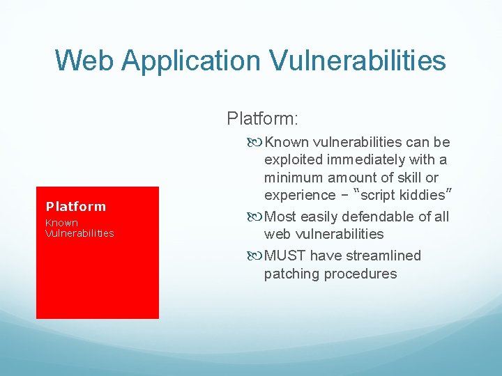 Web Application Vulnerabilities Platform: Known vulnerabilities can be Platform Known Vulnerabilities exploited immediately with