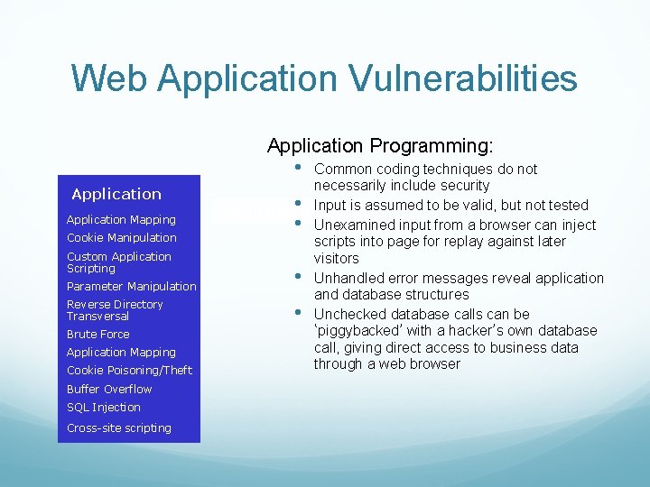 Web Application Vulnerabilities Application Programming: • Application Mapping Cookie Manipulation Custom Application Scripting Parameter