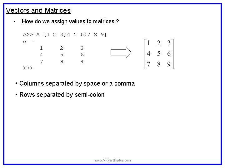 Vectors and Matrices • How do we assign values to matrices ? >>> A=[1 Vectors and Matrices • How do we assign values to matrices ? >>> A=[1