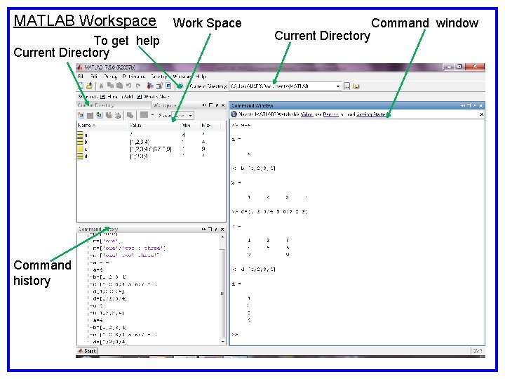 MATLAB Workspace To get help Current Directory Command history Work Space Current Directory Command MATLAB Workspace To get help Current Directory Command history Work Space Current Directory Command