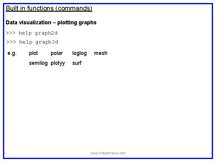 Built in functions (commands) Data visualization – plotting graphs >>> help graph 2 d Built in functions (commands) Data visualization – plotting graphs >>> help graph 2 d