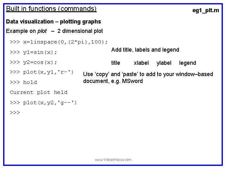 Built in functions (commands) eg 1_plt. m Data visualization – plotting graphs Example on Built in functions (commands) eg 1_plt. m Data visualization – plotting graphs Example on