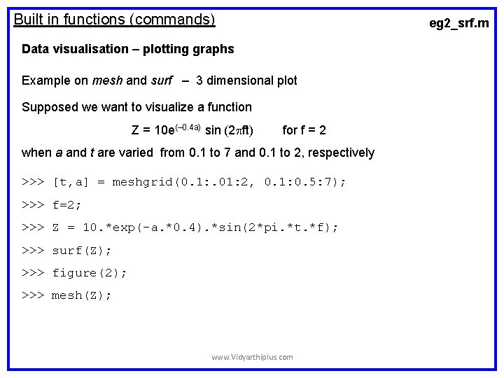 Built in functions (commands) eg 2_srf. m Data visualisation – plotting graphs Example on Built in functions (commands) eg 2_srf. m Data visualisation – plotting graphs Example on