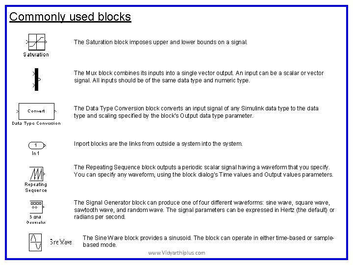 Commonly used blocks The Saturation block imposes upper and lower bounds on a signal. Commonly used blocks The Saturation block imposes upper and lower bounds on a signal.