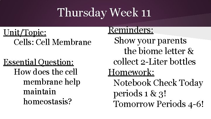 Thursday Week 11 Unit/Topic: Cells: Cell Membrane Essential Question: How does the cell membrane
