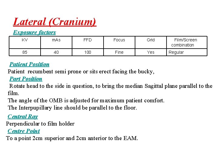 Lateral (Cranium) Exposure factors KV m. As FFD Focus Grid 85 40 100 Fine