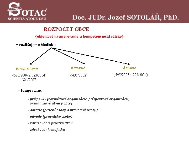  ROZPOČET OBCE (objemové nasmerovanie a kompetenčné hľadisko) = rozlišujeme hľadisko: programové -(583/2004 a