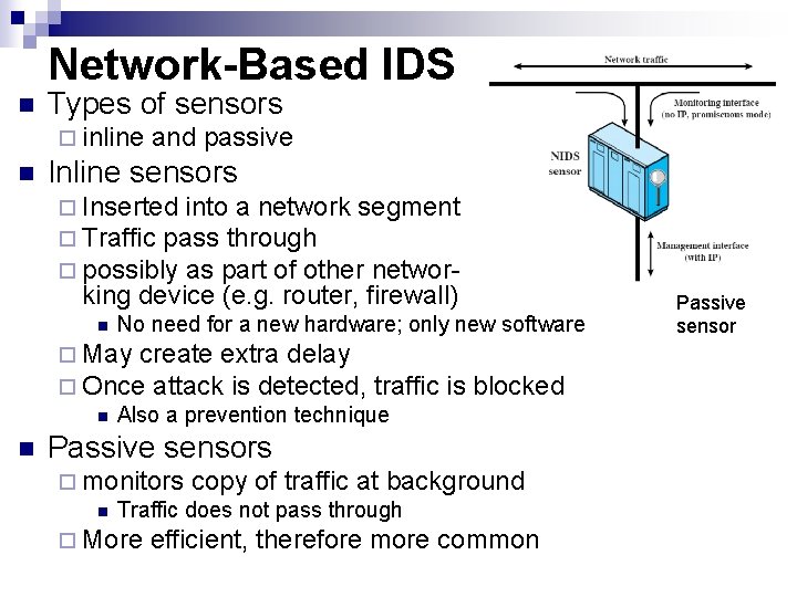 Network-Based IDS n Types of sensors ¨ inline n and passive Inline sensors ¨