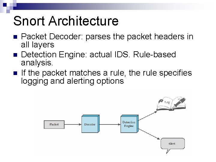 Snort Architecture n n n Packet Decoder: parses the packet headers in all layers