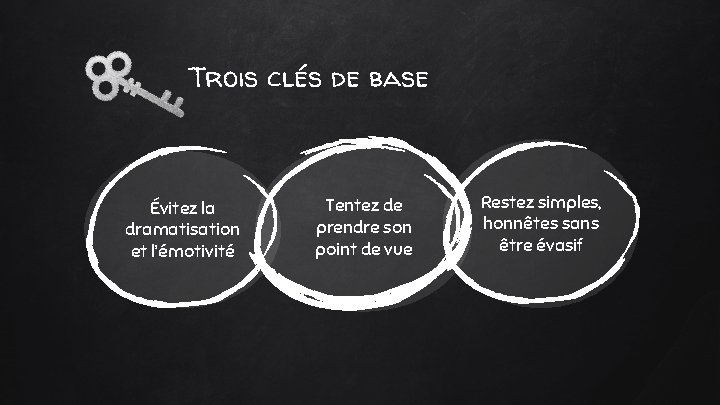 Trois clés de base Évitez la dramatisation et l’émotivité Tentez de prendre son point