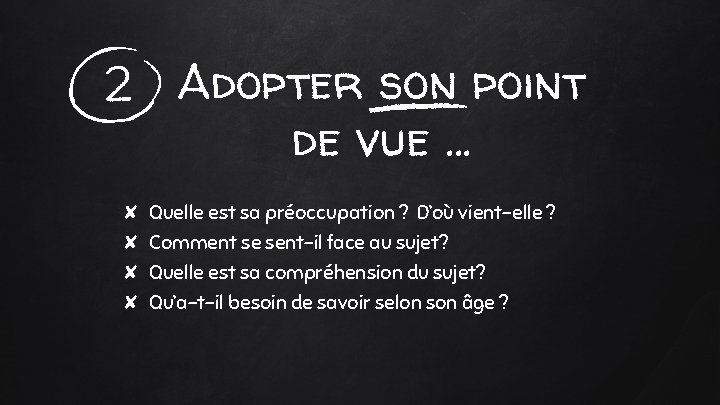 2 Adopter son point de vue … ✘ Quelle est sa préoccupation ? D’où