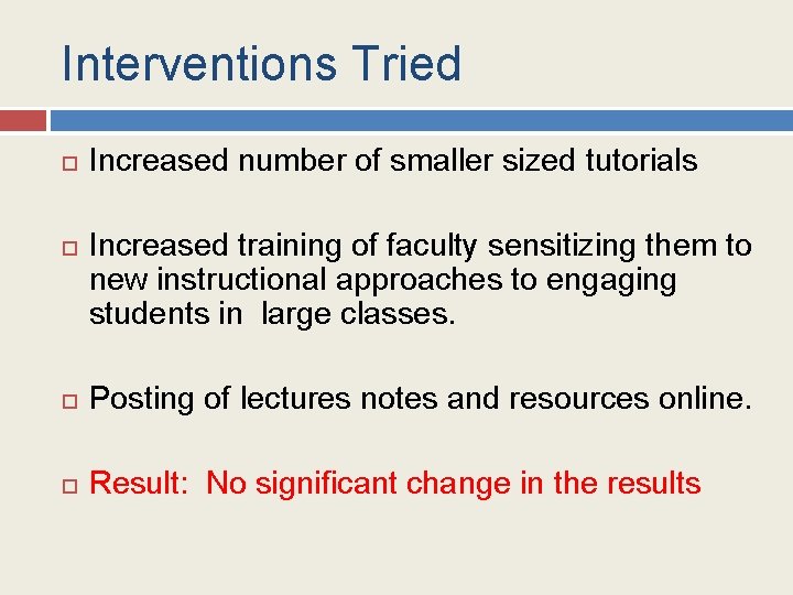 Interventions Tried Increased number of smaller sized tutorials Increased training of faculty sensitizing them