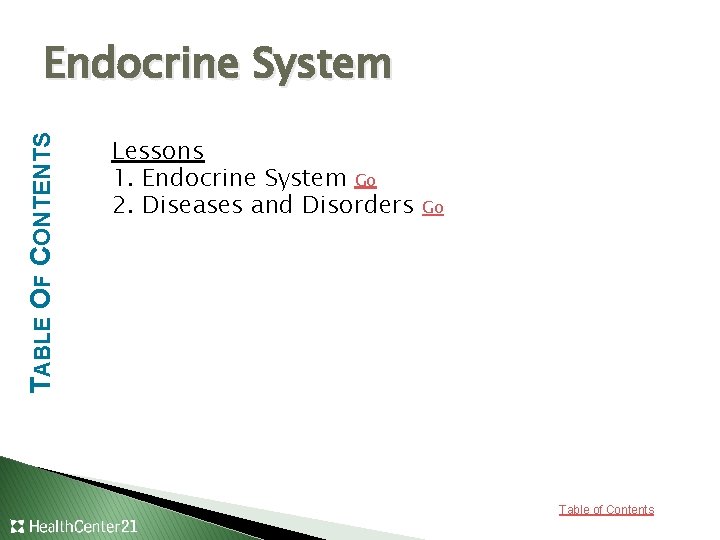 TABLE OF CONTENTS Endocrine System Lessons 1. Endocrine System Go 2. Diseases and Disorders